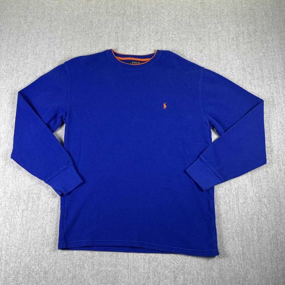 Polo Ralph Lauren Waffle‎ Knit Thermal Men Large Blue Long Sleeve Crew Neck Logo